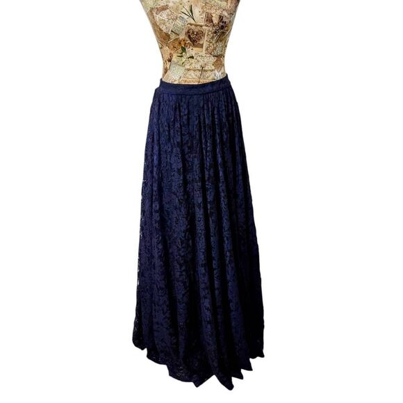 Formal Dark Blue Lace 2 Piece Crop Top Full Maxi Skirt Gown Long Dress Designer - Picture 8 of 15